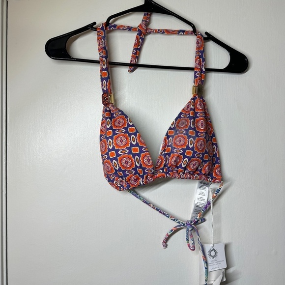 NWT Ondade Mar UPF 50+ Purple Orange Geometric Floral String Bikini Top Medium - Picture 1 of 15